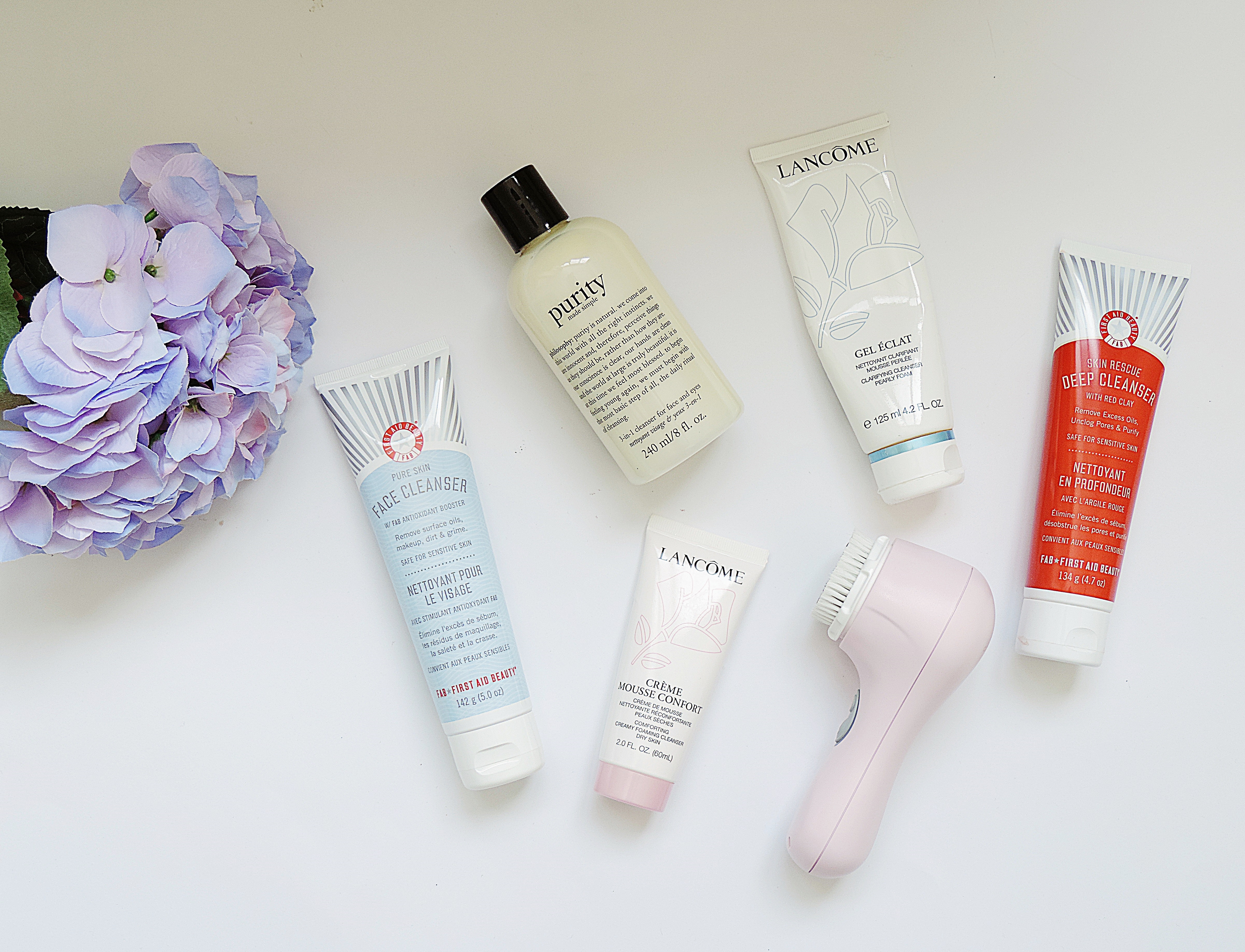 L-R: first aid beauty, philosophy, lancome, lancome, first aid beauty, clarisonic